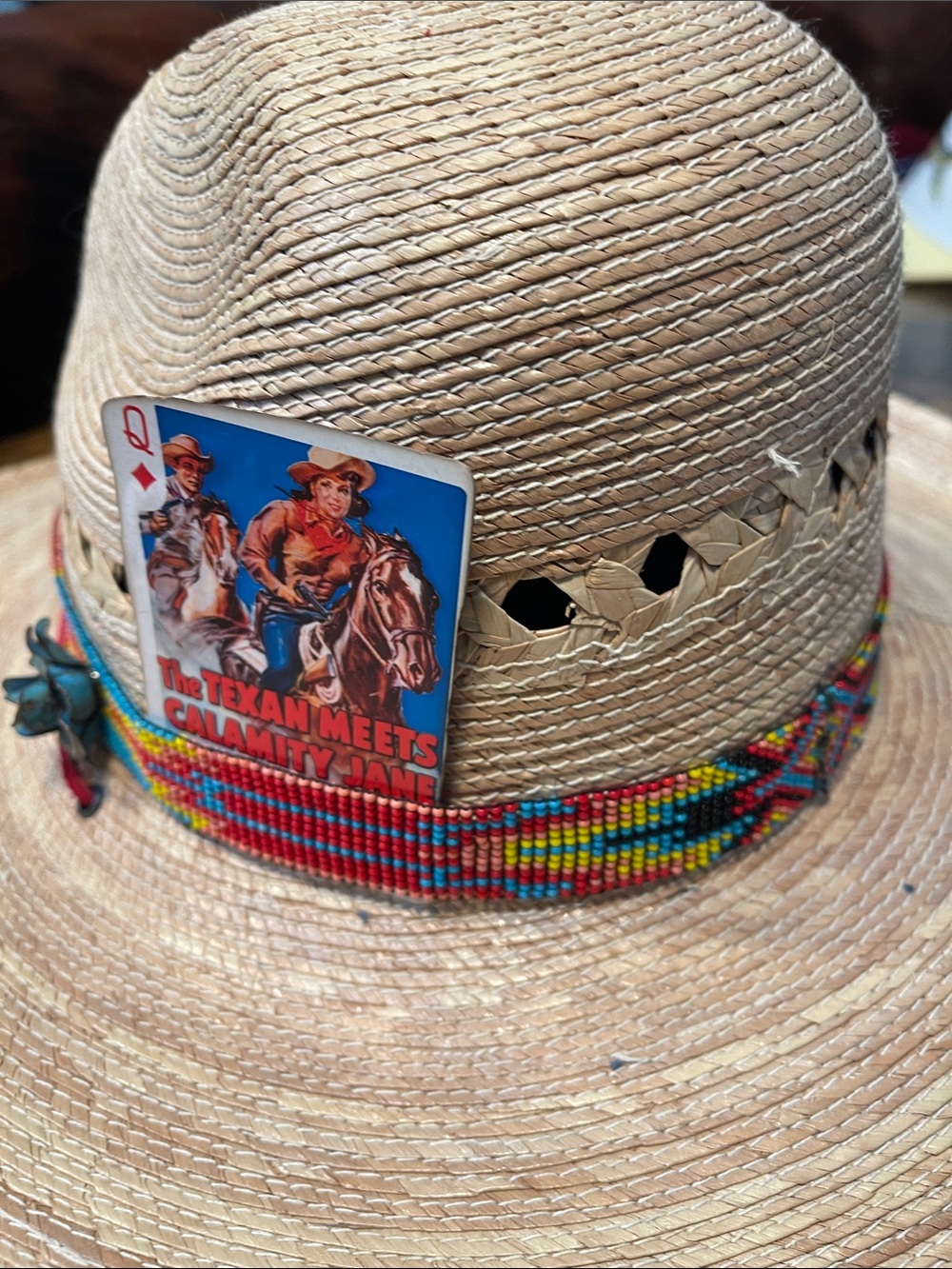 Women’s Straw Cowboy Hat with Multicolor Beaded Band, accent pins, hat clip - Picture 5 of 14